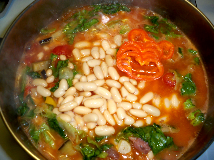 Escarole & Beans - all ingredients simmering.